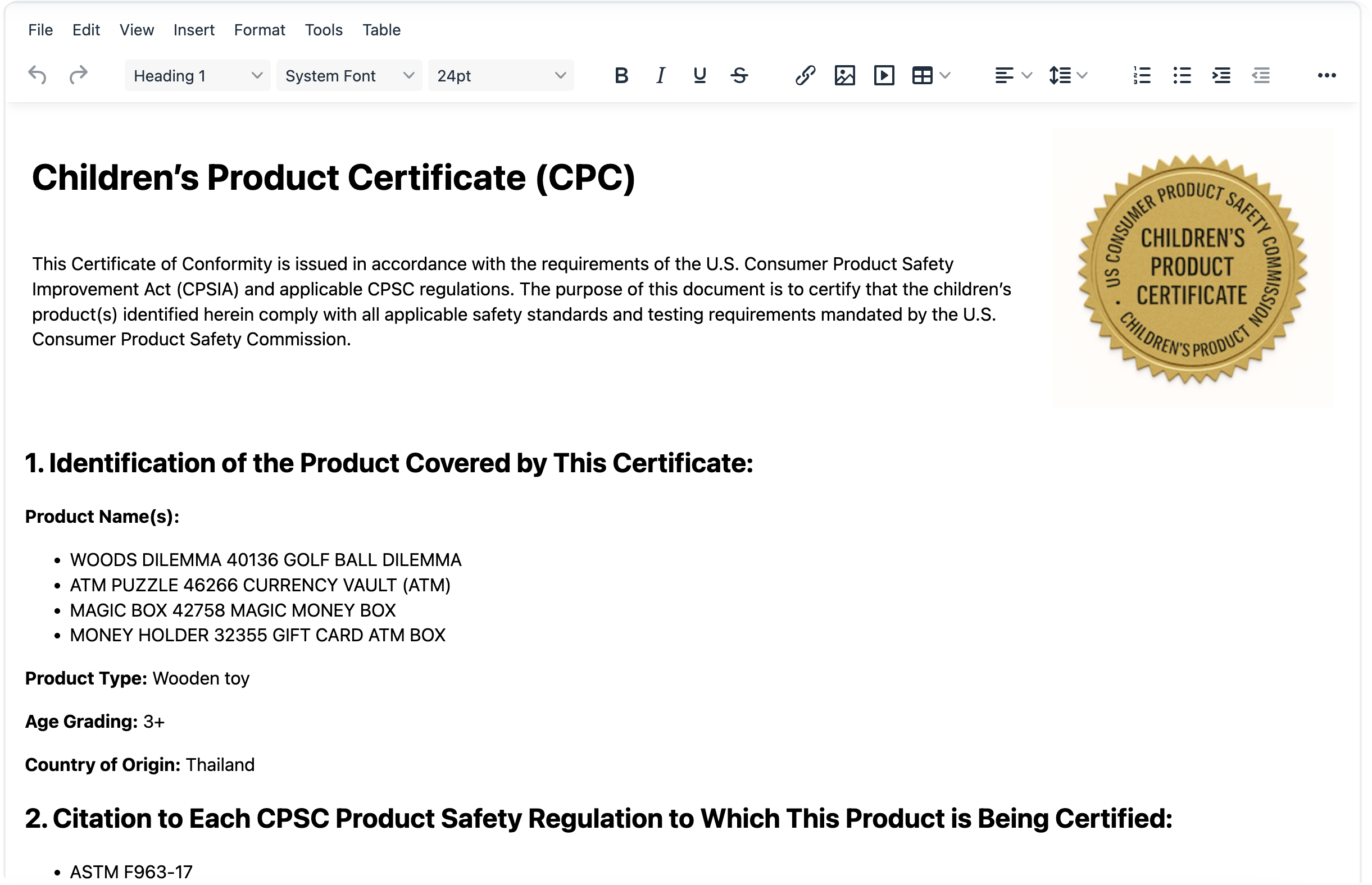 Full CPC Certificate Example